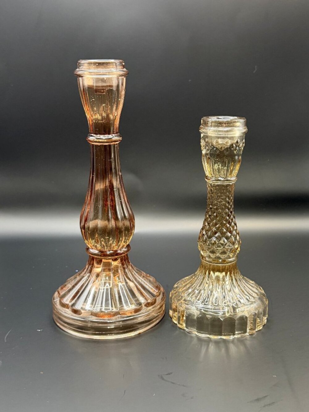 Vintage-Inspired Glass Taper Candlestick Holders, Mismatched Pair, 8.5″ & 7″